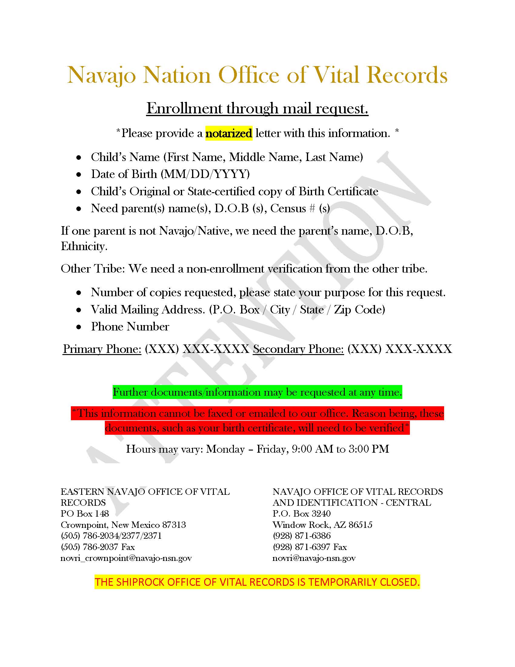 NN Office of Vital Records Request